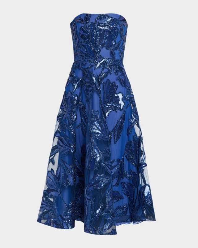 Metallic Raffia Strapless Tea-Length Dress